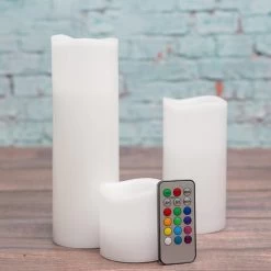 Richland Flameless LED Remote Control Wavy Top Pillar Candle White 3"x3", 3"x6", 3"x9" Set Of 3