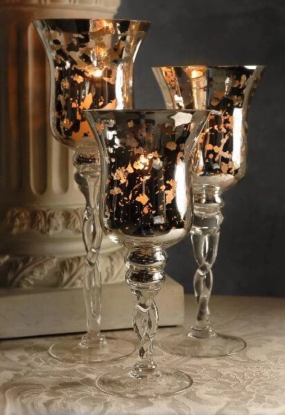 Silver Mercury Glass Pedestal Candle Holders With Twisted Stems Set Of 3 1 Silver Mercury Glass Pedestal Candle Holders With Twisted Stems Set Of 3
